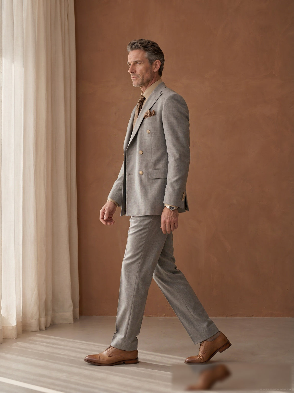 Mature model wearing a tailored grey Guabello wool double-breasted suit - side view
