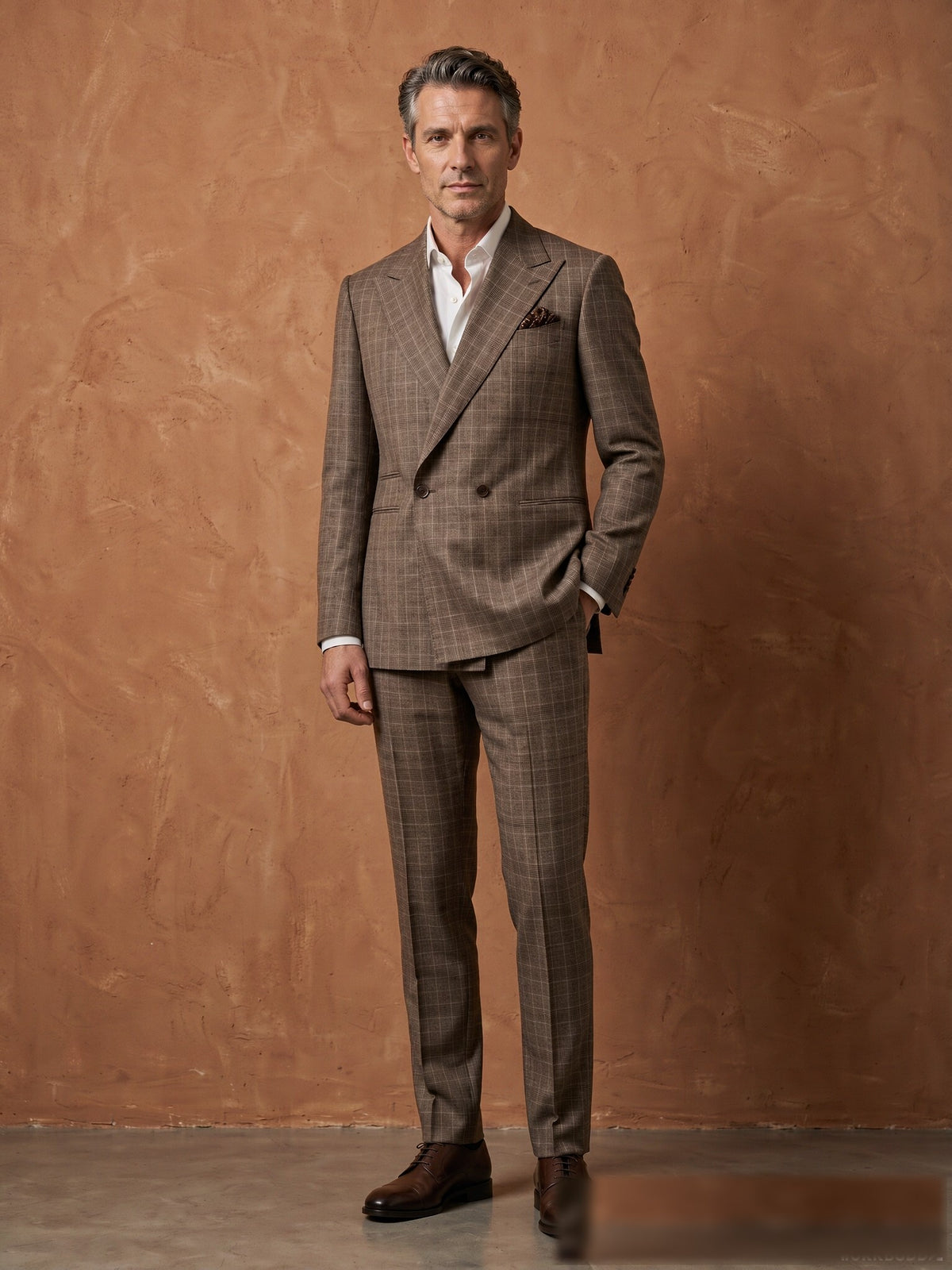 Mature model wearing a tailored brown plaid Guabello wool double-breasted suit - front view