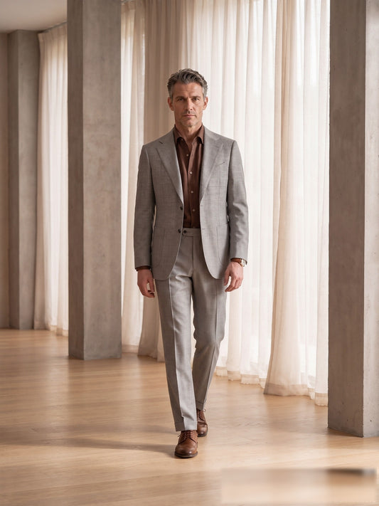 Mature model wearing a tailored light-grey VBC wool two-piece suit with brown shirt - front view