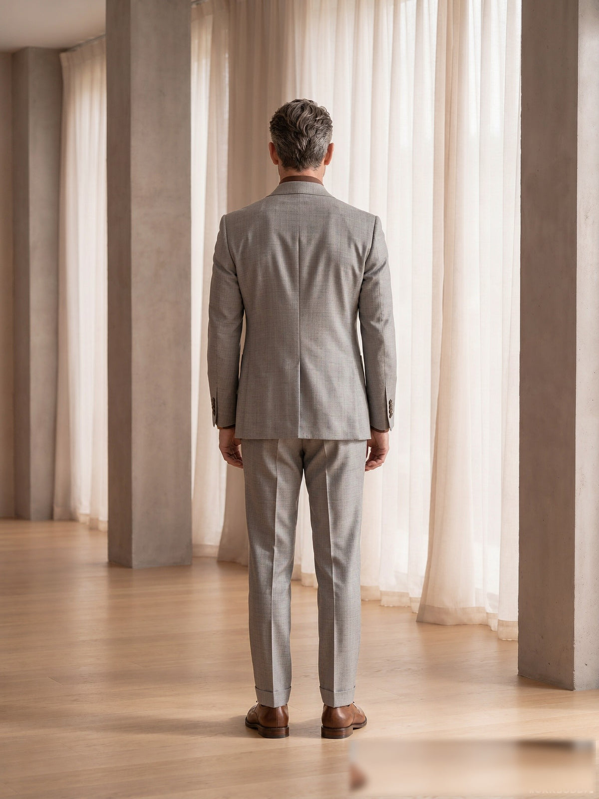 Mature model wearing a tailored light-grey VBC wool two-piece suit with brown shirt - back view