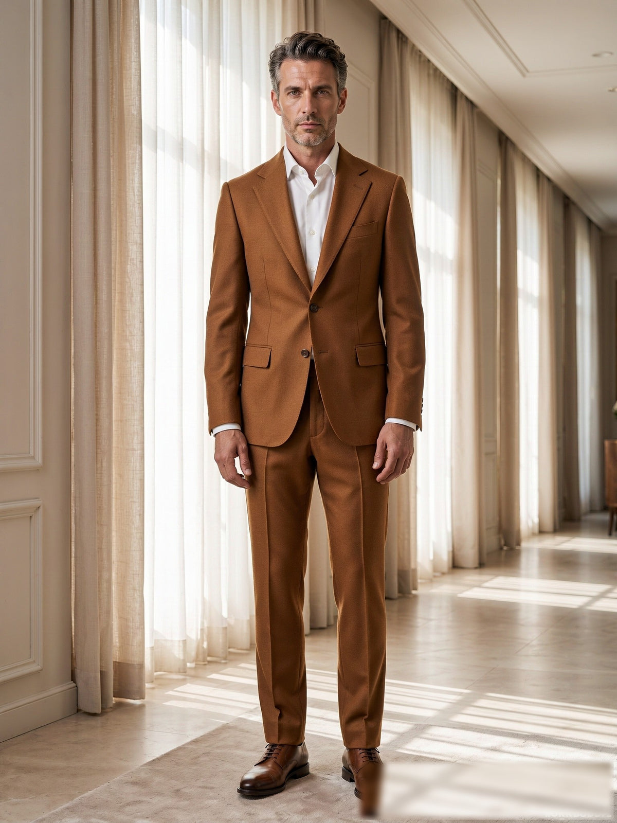 Mature model wearing a tailored warm beige VBC wool two-piece suit - front view